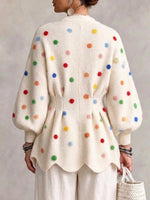 V-neck Knit Cardigan With Colorful Polka Dots And A Waist-cinching Fit