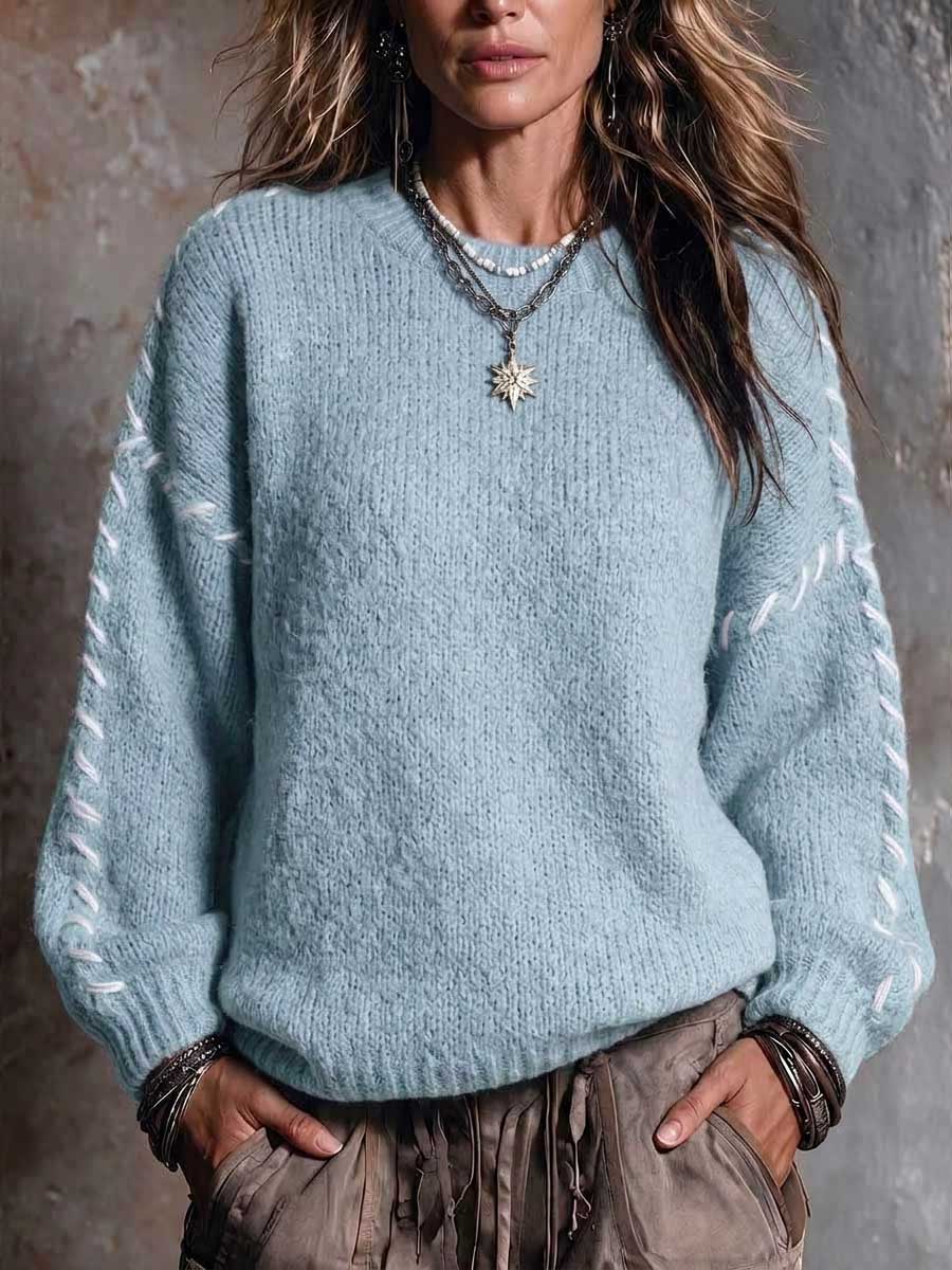 Women's Round Neck Long-sleeved Casual Loose Handmade Color-blocked Pullover Knit Sweater