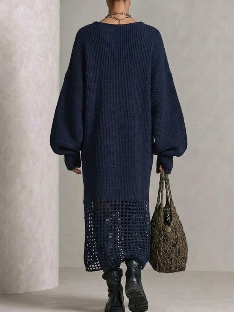 Long, Loose-fitting Knit Sweater Dress With A V-neck, Cut-out Details, And An Asymmetrical Hem