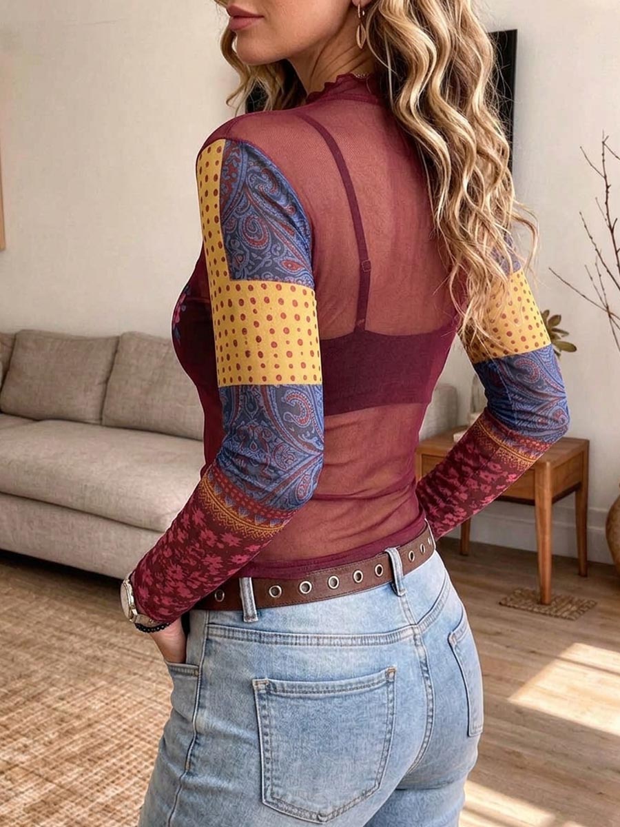 Women's Sheer Mesh Floral Print Long Sleeve Mock Neck Top