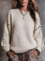 Women's Round Neck Long-sleeved Casual Loose Handmade Color-blocked Pullover Knit Sweater
