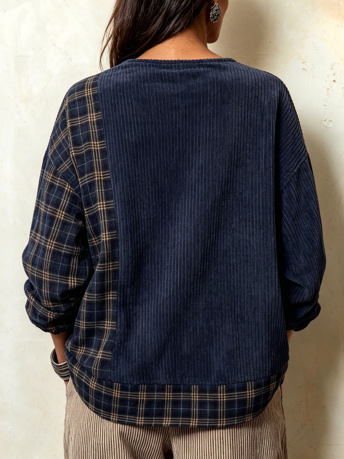 Corduroy Plaid Spliced Asymmetric Coat