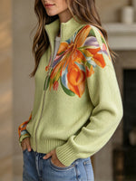Casual Printed Zip-Up Knit Cardigan