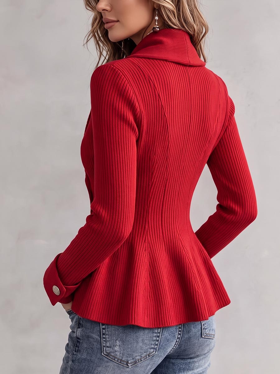 Women's Red Ribbed Knit Asymmetrical Peplum Cardigan
