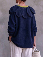 Oversized Knit Sweater With Large Floral Motif And Contrasting Collar
