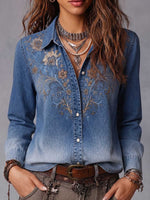 Women's Printed Collared Long-sleeved Gradient Denim Shirt