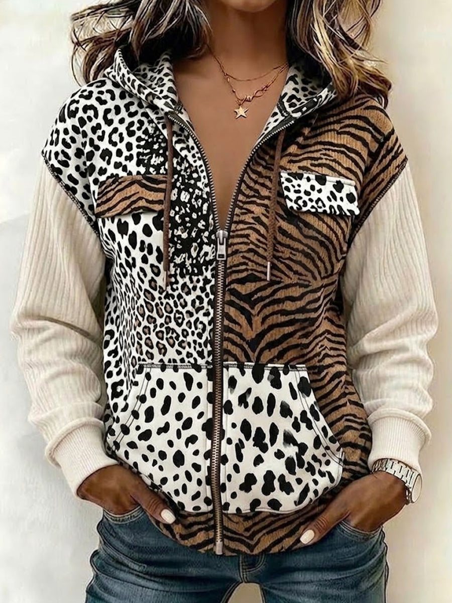 Stylish Hooded Zip-up Jacket With Animal Print Panels
