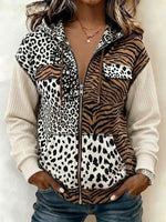Stylish Hooded Zip-up Jacket With Animal Print Panels