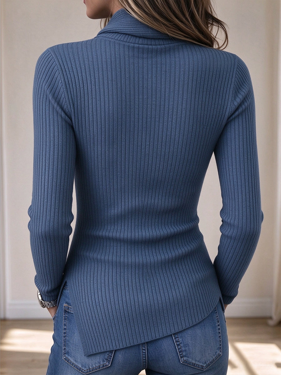 Chic Ribbed Knit Top with Integrated Scarf Neckline