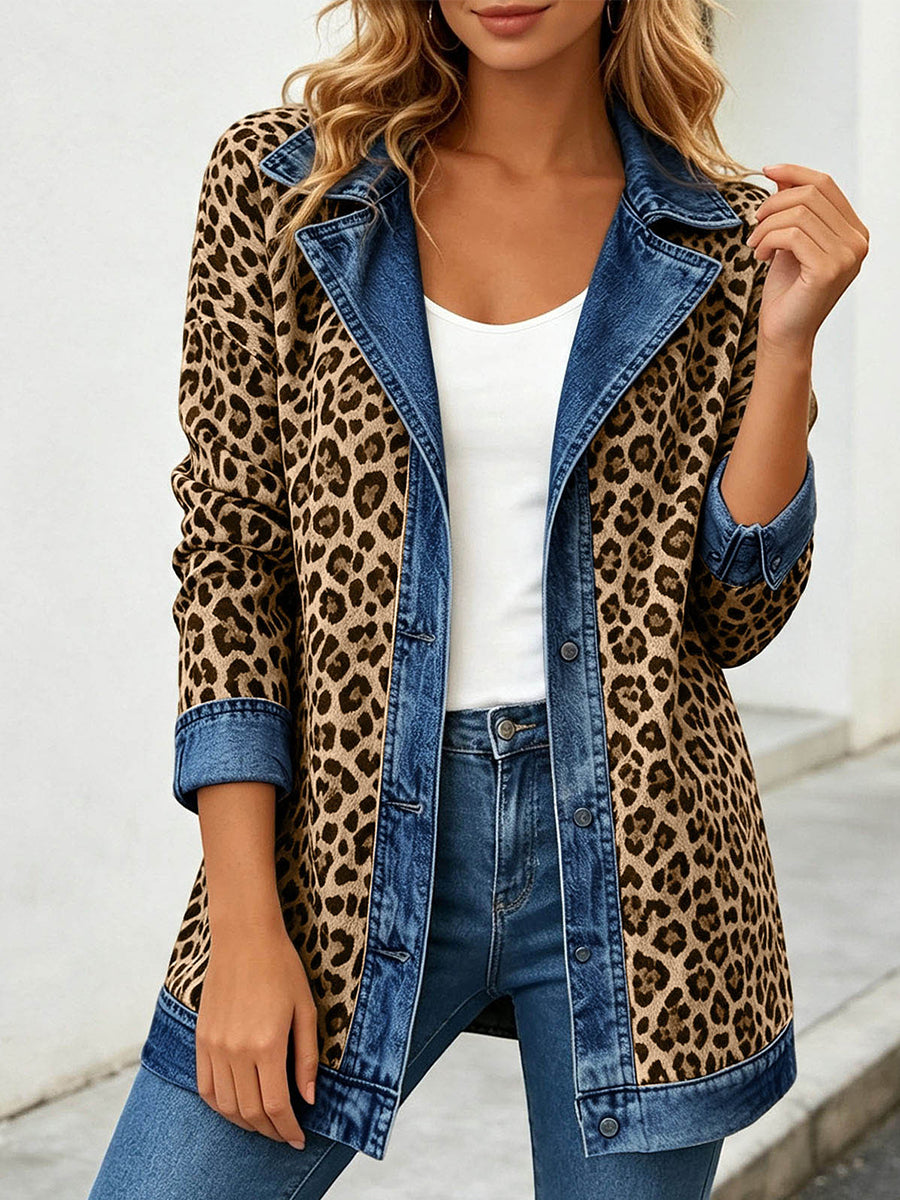 Chic Leopard Print and Denim Patchwork Jacket