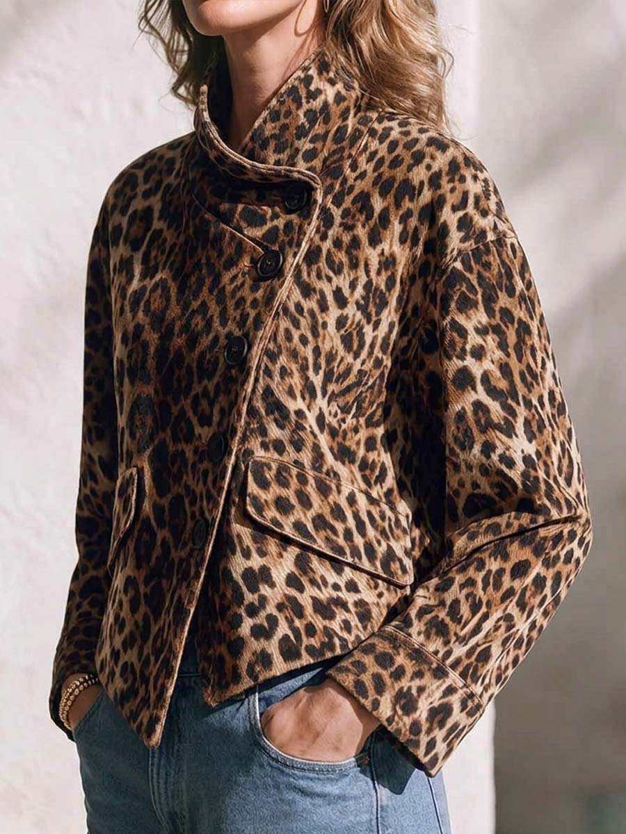 Women's Leopard Print Stand-collar Long-sleeve Loose Casual Jacket