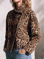 Women's Leopard Print Stand-collar Long-sleeve Loose Casual Jacket
