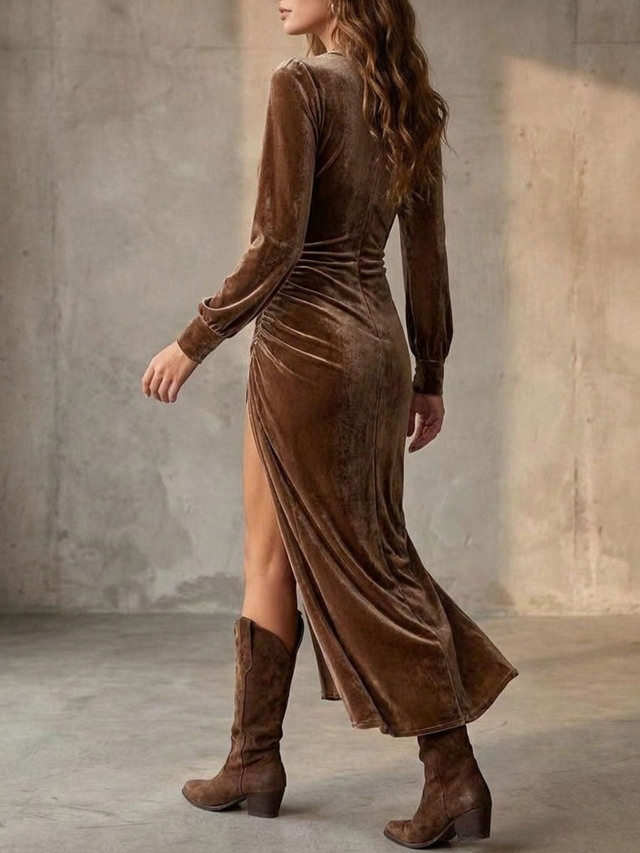 Glamorous Brown Velvet Ruched High-slit Maxi Dress