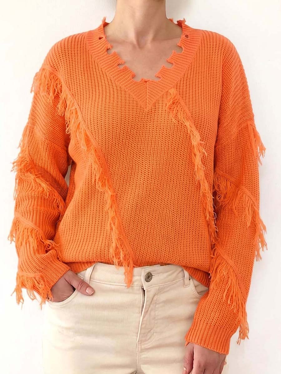 Women's Solid Color V-neck Long-sleeved Casual Loose Tassel Pullover Knit Sweater