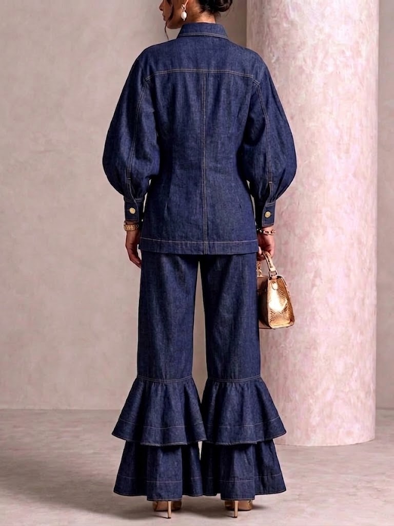 Puff‑sleeve Stitched Denim Top & Tiered Ruffle Flare Pants Set