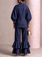 Puff‑sleeve Stitched Denim Top & Tiered Ruffle Flare Pants Set