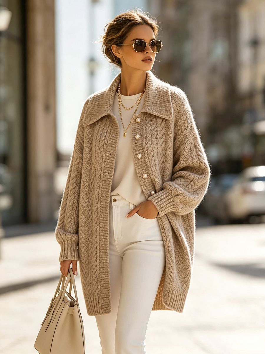 Elegant Cozy Lapel Oversized Cable-knit Wool Blend Cardigan
