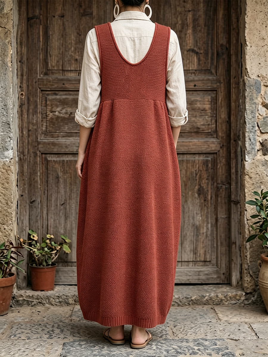 Chic Rust Red Cable-Detailed Knit Midi Pinafore Dress