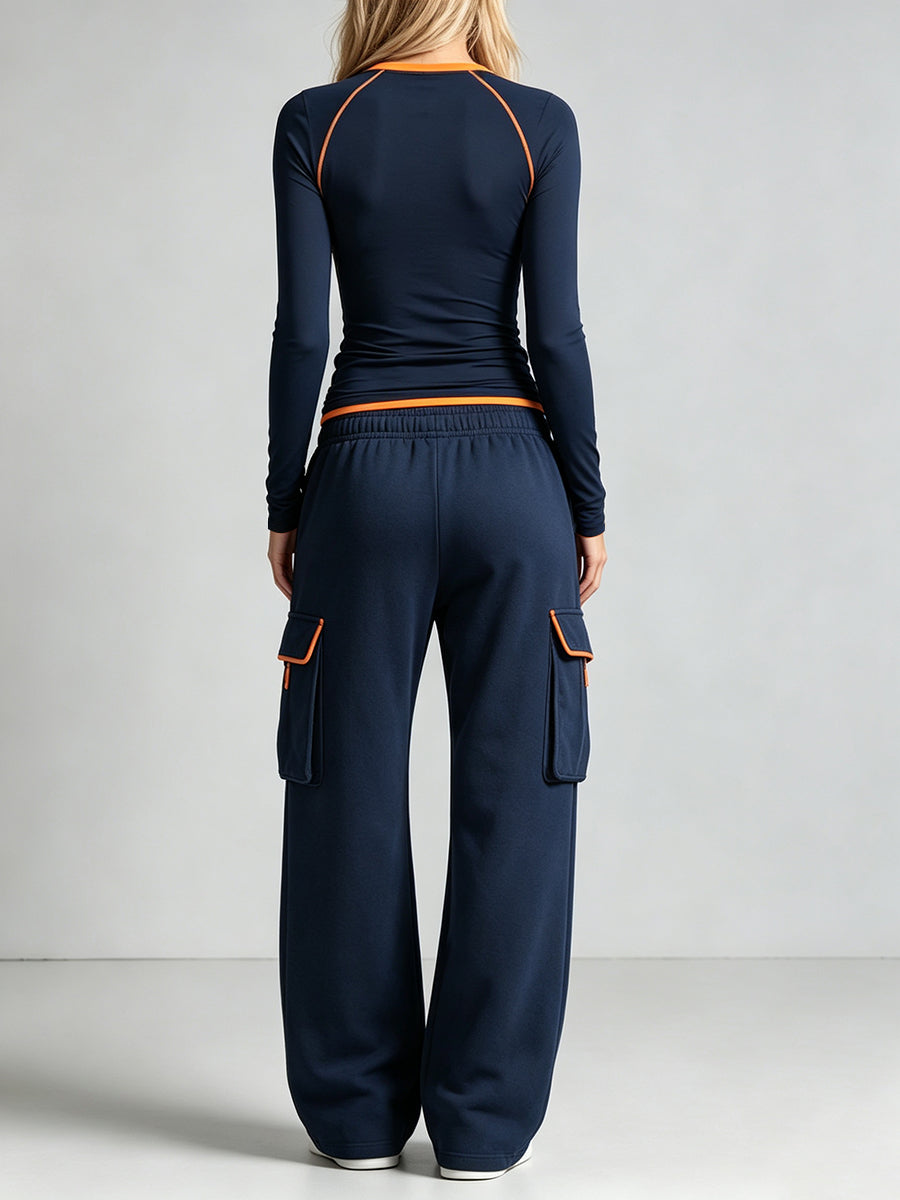 Casual Two-piece Set Featuring A Color-block Piped Stretch Knit Top And Pants.