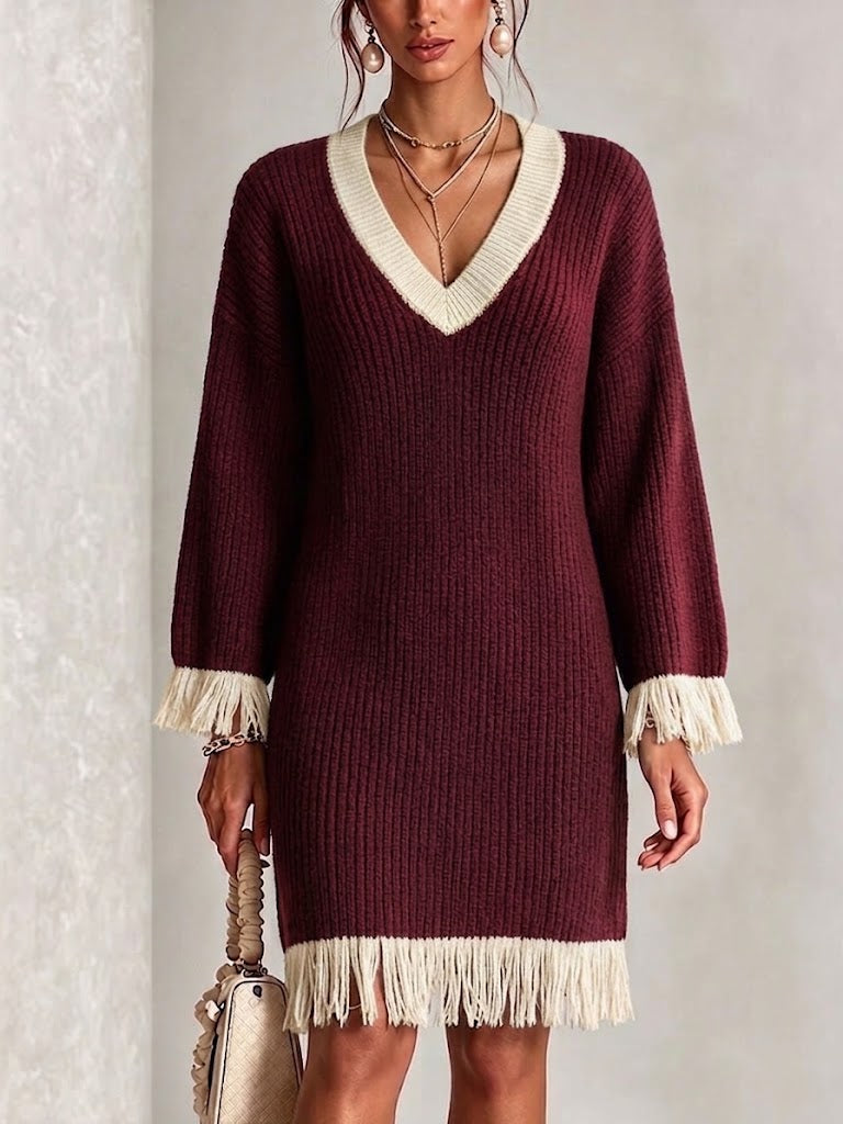 Color-block V-neck Fringed Knit Dress