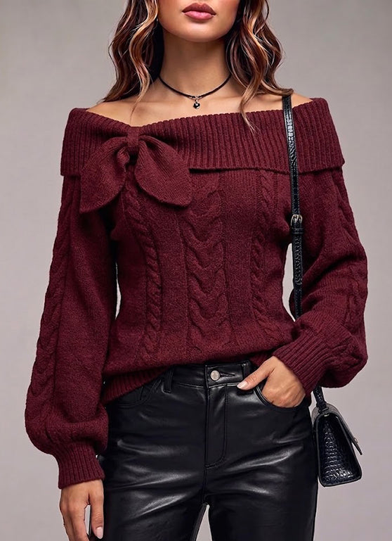 Chic And Sweet Off-shoulder Cable-knit Sweater With Bow Detail