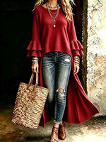 Chic Long-line Knitted Cardigan With Multi-layered Ruffled Sleeves