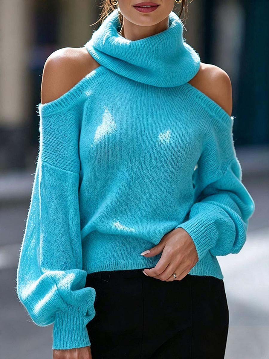 Women's Solid Color Stand Collar Off-shoulder Long Sleeve Casual Loose Knit Sweater