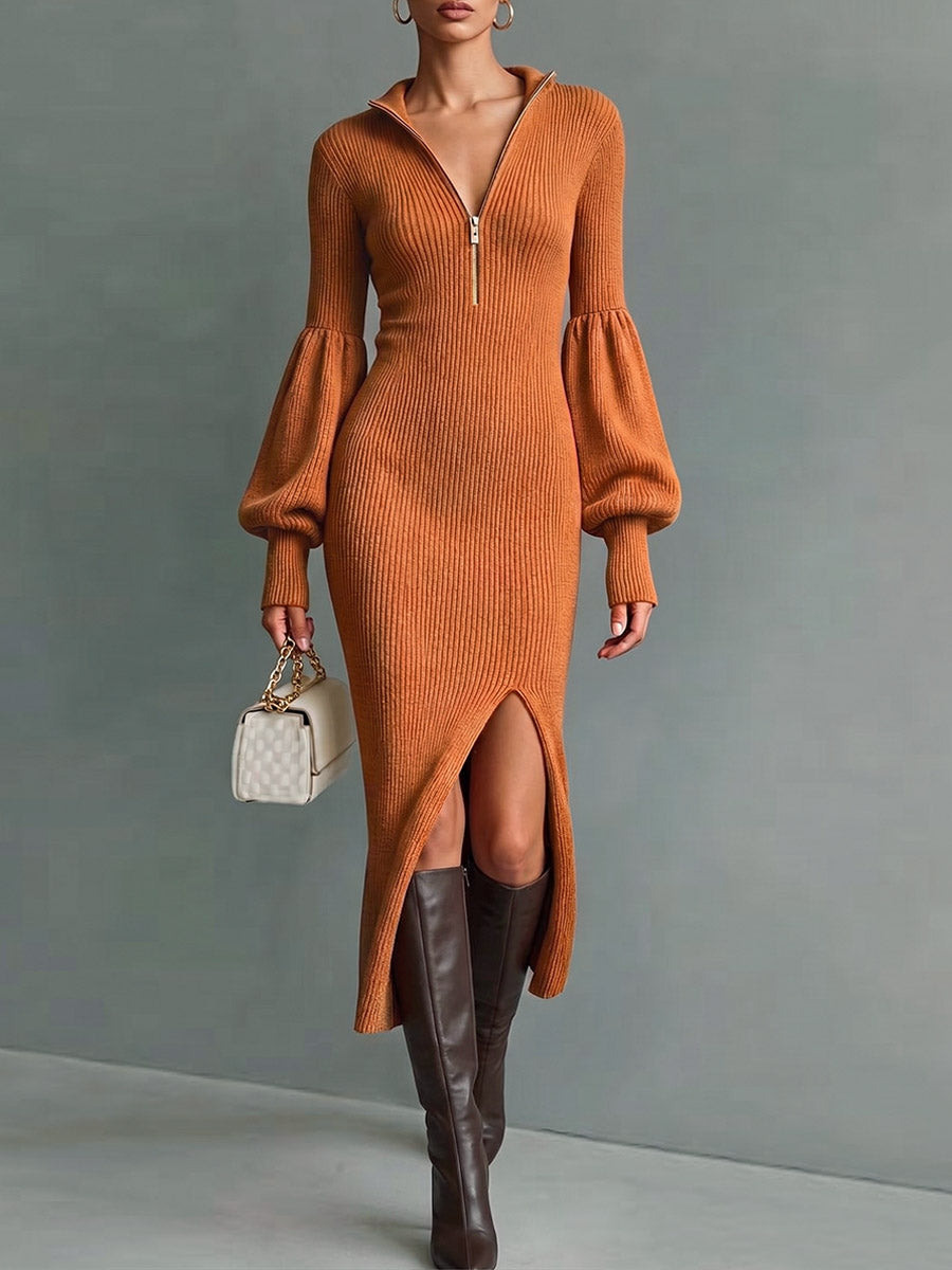 Women's Solid Color Stand Collar Long Sleeve Casual Slim Fit Bodycon Knit Dress