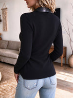 Chic Faux-Leather Lapel Ribbed Knit Top