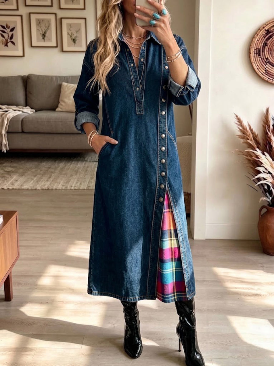 Plaid-paneled Denim Maxi Skirt With Side Slits