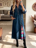 Plaid-paneled Denim Maxi Skirt With Side Slits