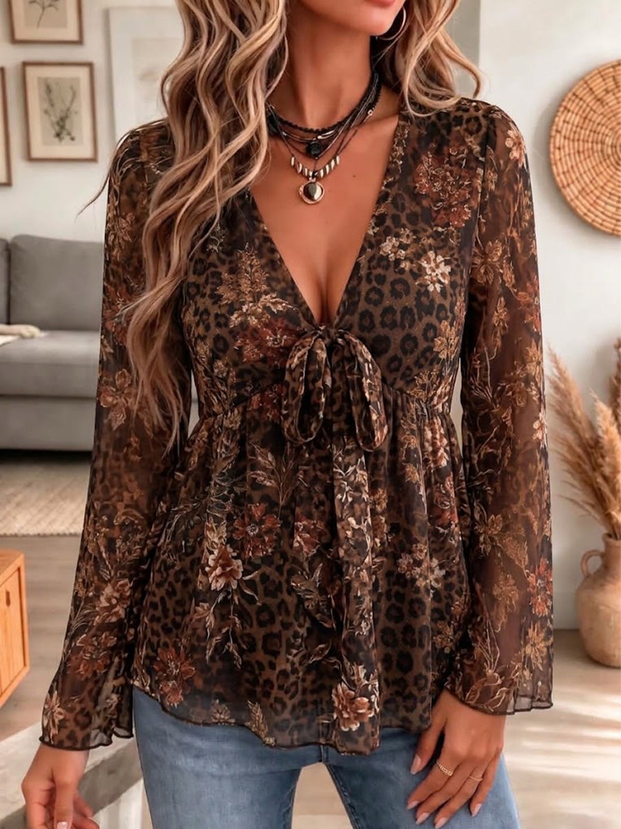 V-neck Tie-front Top With Leopard And Floral-print Panels And A Ruffled Hem
