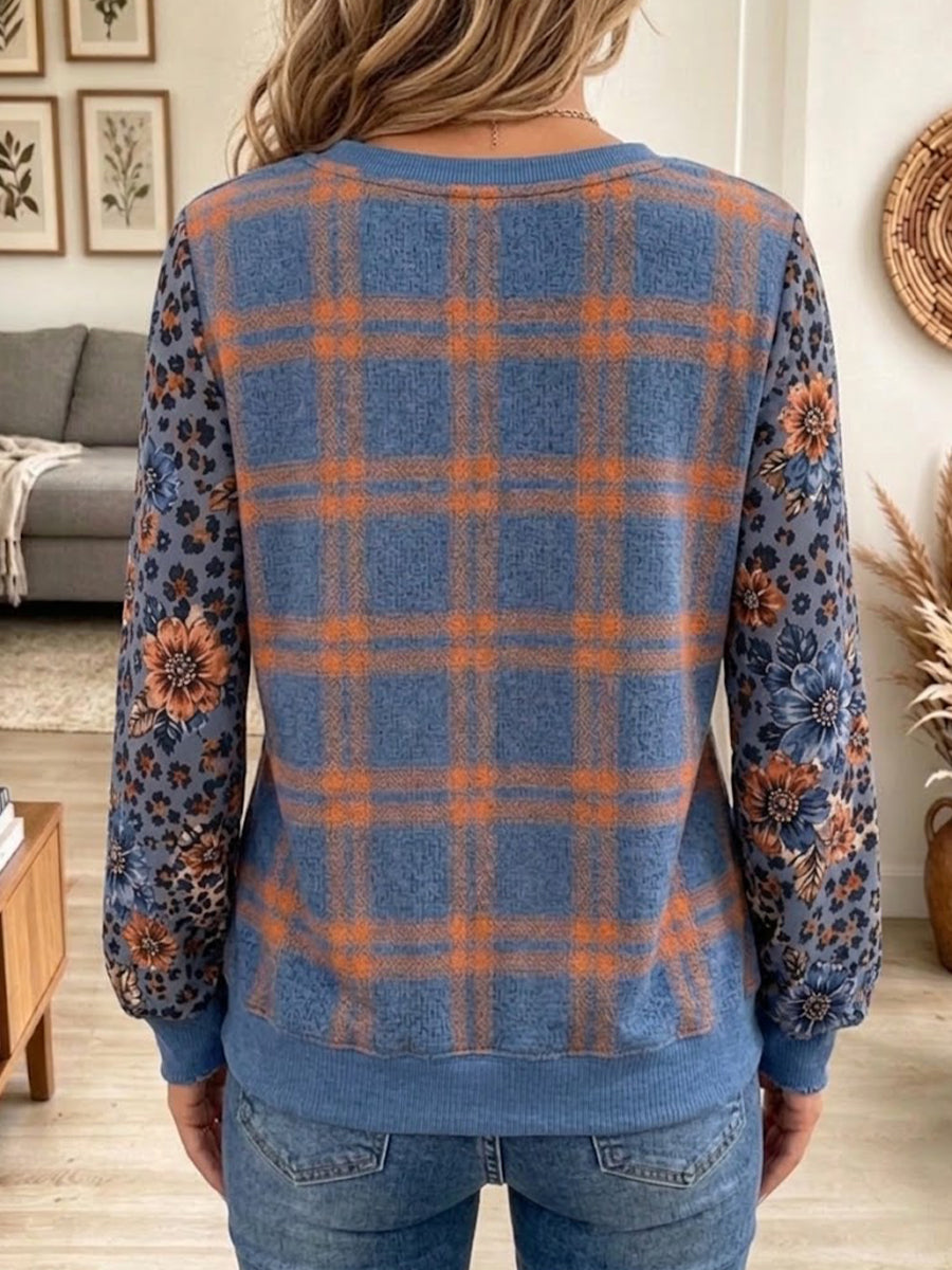 Long-sleeve Henley Top With A Mix Of Plaid, Floral, And Leopard Prints