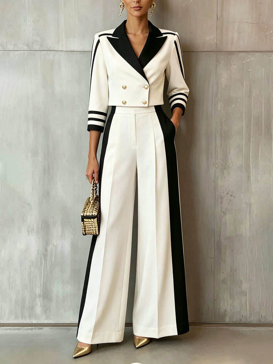 Chic Sophisticated Black And White Colorblock Blazer And Trouser Suit