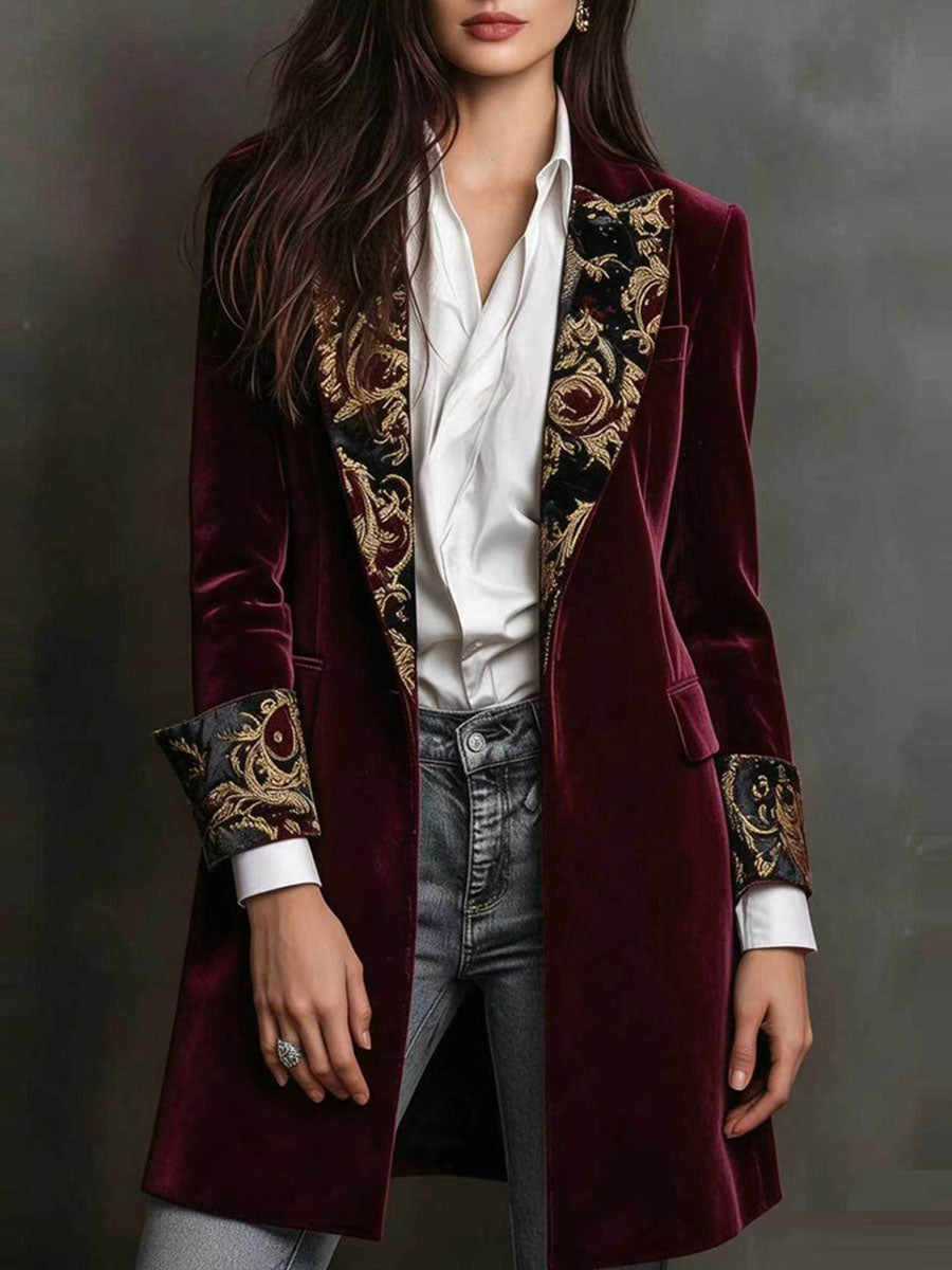 French-inspired, Vintage, Court-style Navy Velvet Mid-length Blazer With Ornate Floral Digital Prints