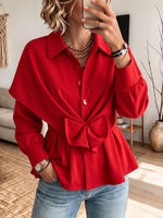 Chic Bow-Tie Peplum Blouse with Lapel Collar