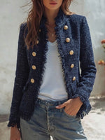 Chic Navy Blue Fringed Tweed Jacket