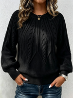 Vertical Cable Knit Raglan Balloon‑sleeve Crew Neck Sweater