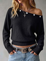 Off-shoulder Loose-fit Knit Sweater With Button Detail