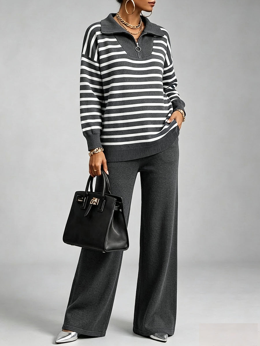 Cozy And Casual Two-piece Set Featuring A Striped Half-zip Knit Pullover And Solid-color Knit Trousers.