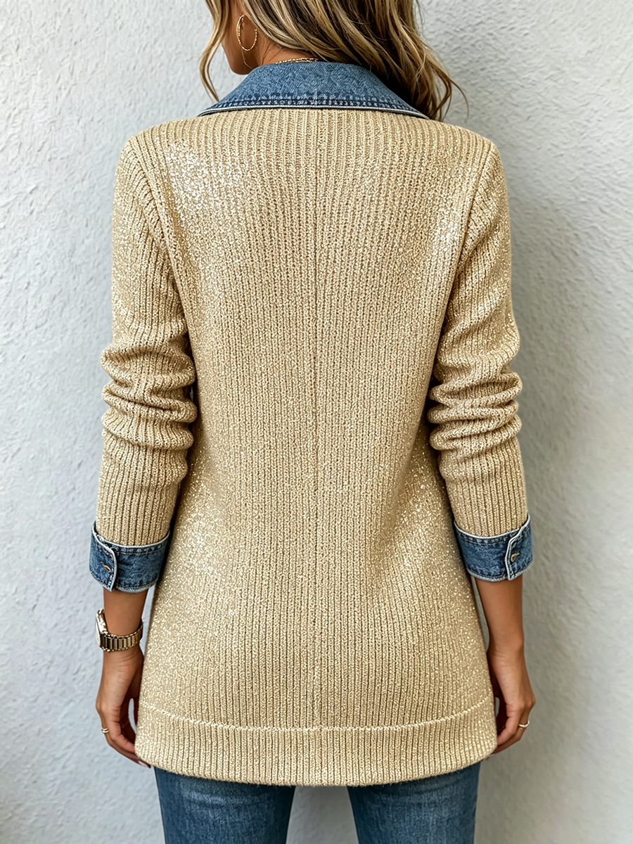 Chic Denim Contrast Sparkling Gold Knit Blazer Jacket
