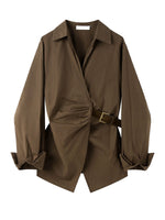 Chic Casual Lace-up Ruched Wrap-style Cotton Shirt