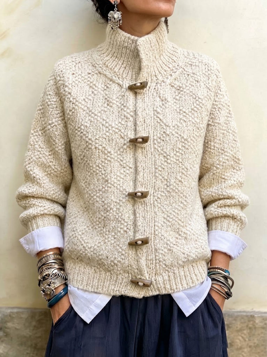 Stand-collar Textured Knit Coat With Toggle Fastenings