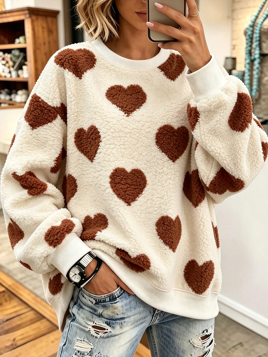 Cozy Stylish Plush Heart-print Oversized Sweatshirt