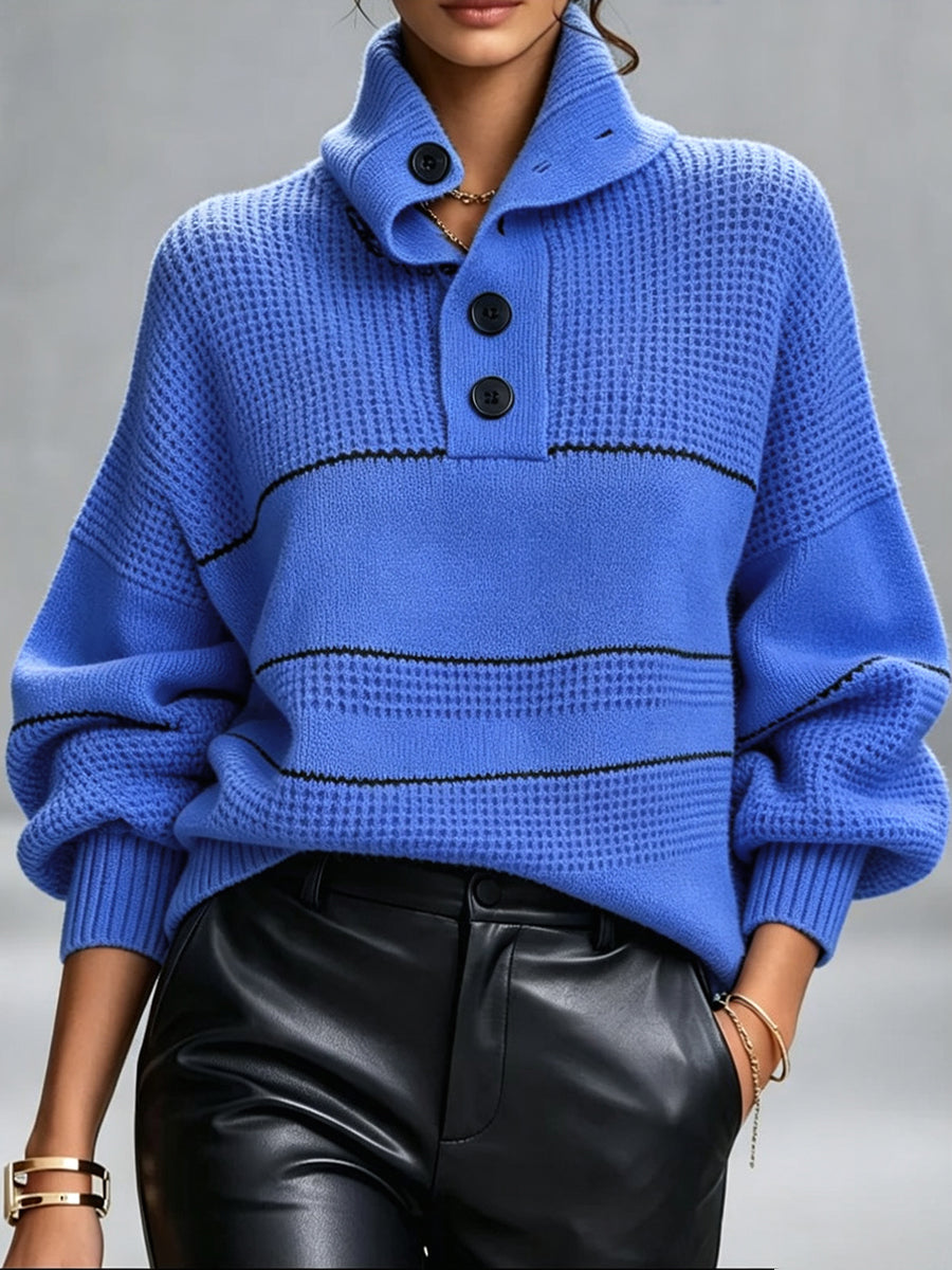 Cozy, Chic Knit Top With A Buttoned Stand Collar And Contrasting Stripes.