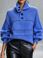Cozy, Chic Knit Top With A Buttoned Stand Collar And Contrasting Stripes.