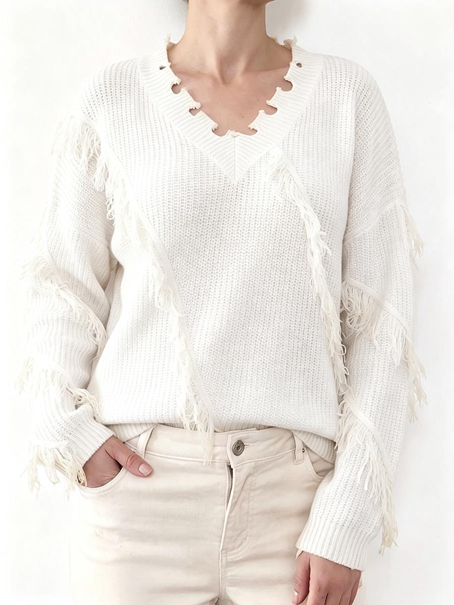 Women's Solid Color V-neck Long-sleeved Casual Loose Tassel Pullover Knit Sweater
