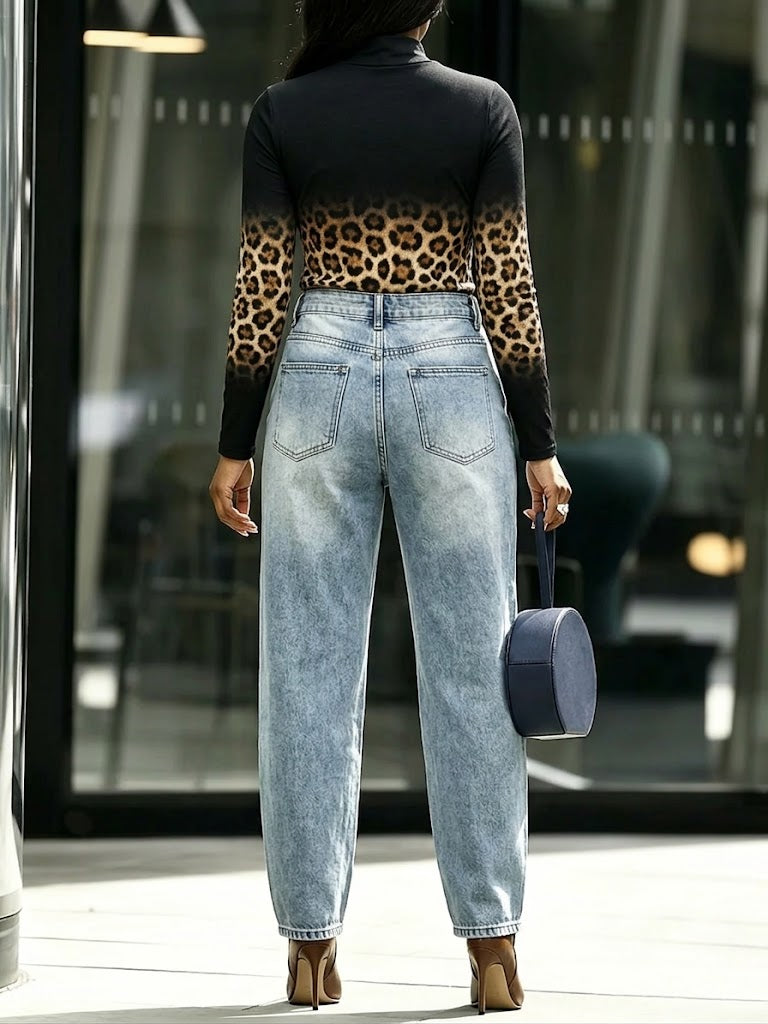 Casual Leopard-print Washed Jeans
