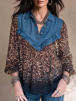 Women's Denim Collared 3/4 Sleeve Leopard Print Patchwork Casual Loose Top