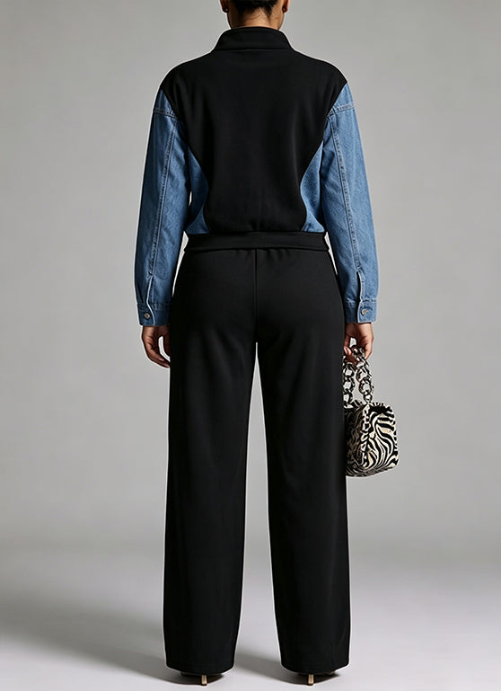Two-piece Set Featuring A Zip-up Jacket With A Knit-and-denim Panel Design And Matching Jeans.